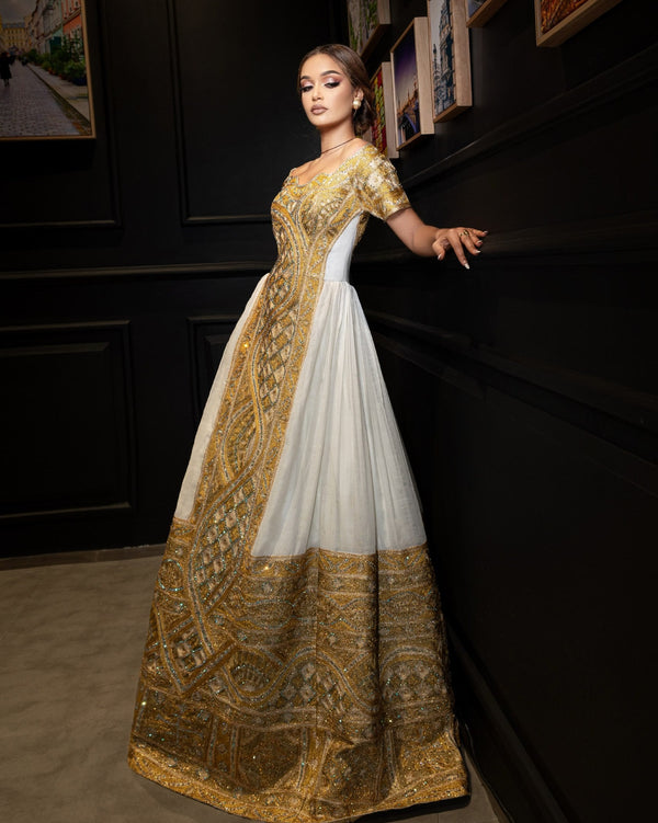Imperial Gold & Bronze Medallion Habesha Dress Off-Shoulder Traditional Ethiopian Wedding dress Ballgown 1120