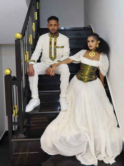 Golden Yellow Corset Habesha Couples Attire Matching Ethiopian Clothing Set For Festive 1121