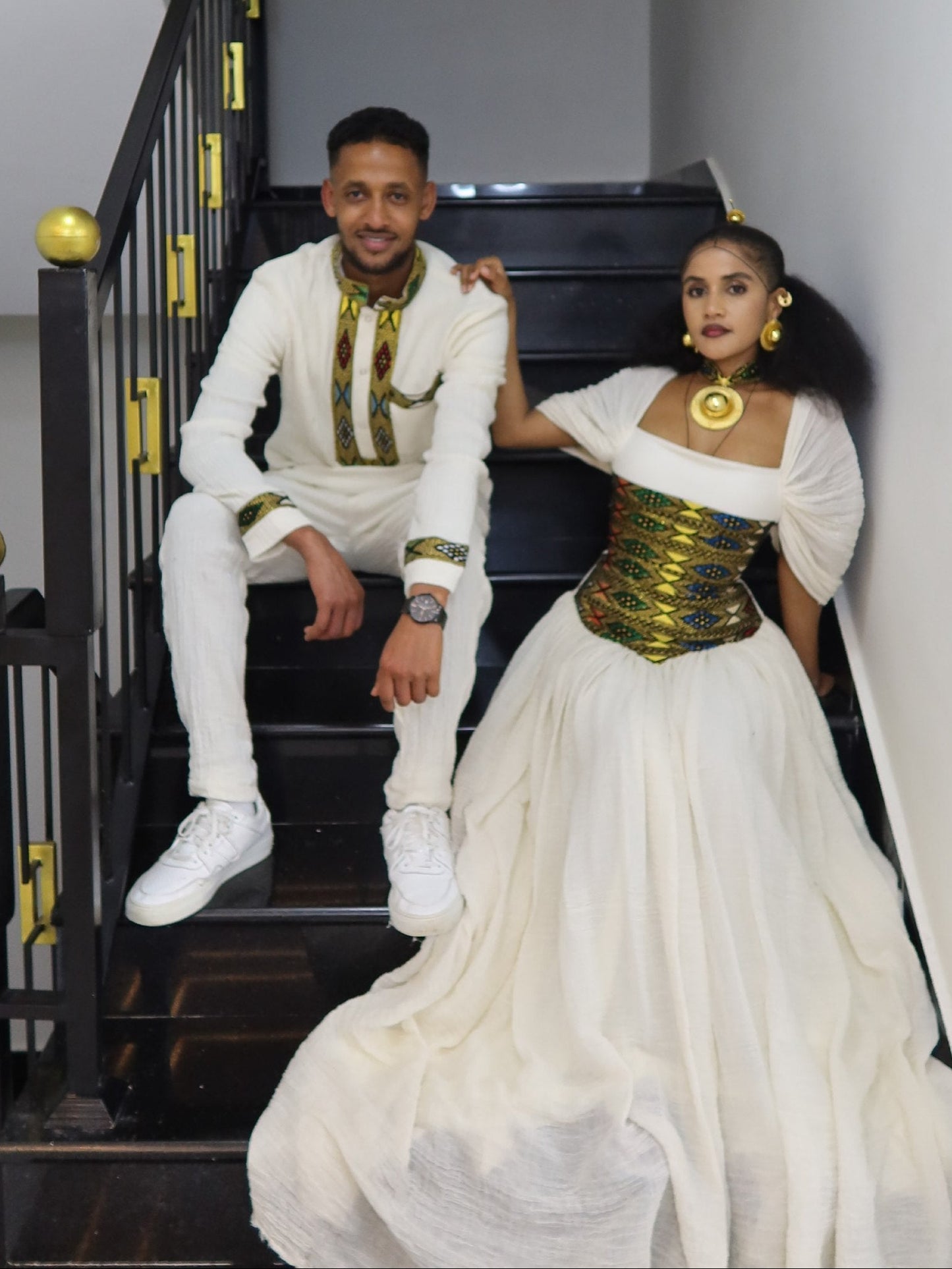 Golden Yellow Corset Habesha Couples Attire Matching Ethiopian Clothing Set For Festive 1121
