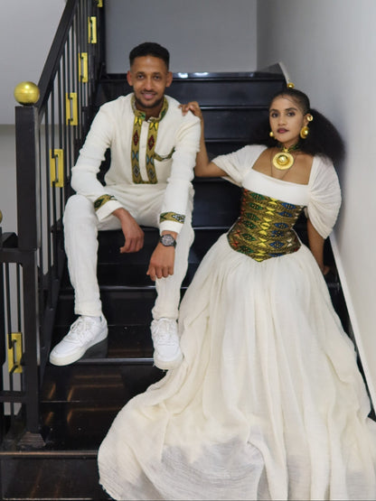 Golden Yellow Corset Habesha Couples Attire Matching Ethiopian Clothing Set For Festive 1121