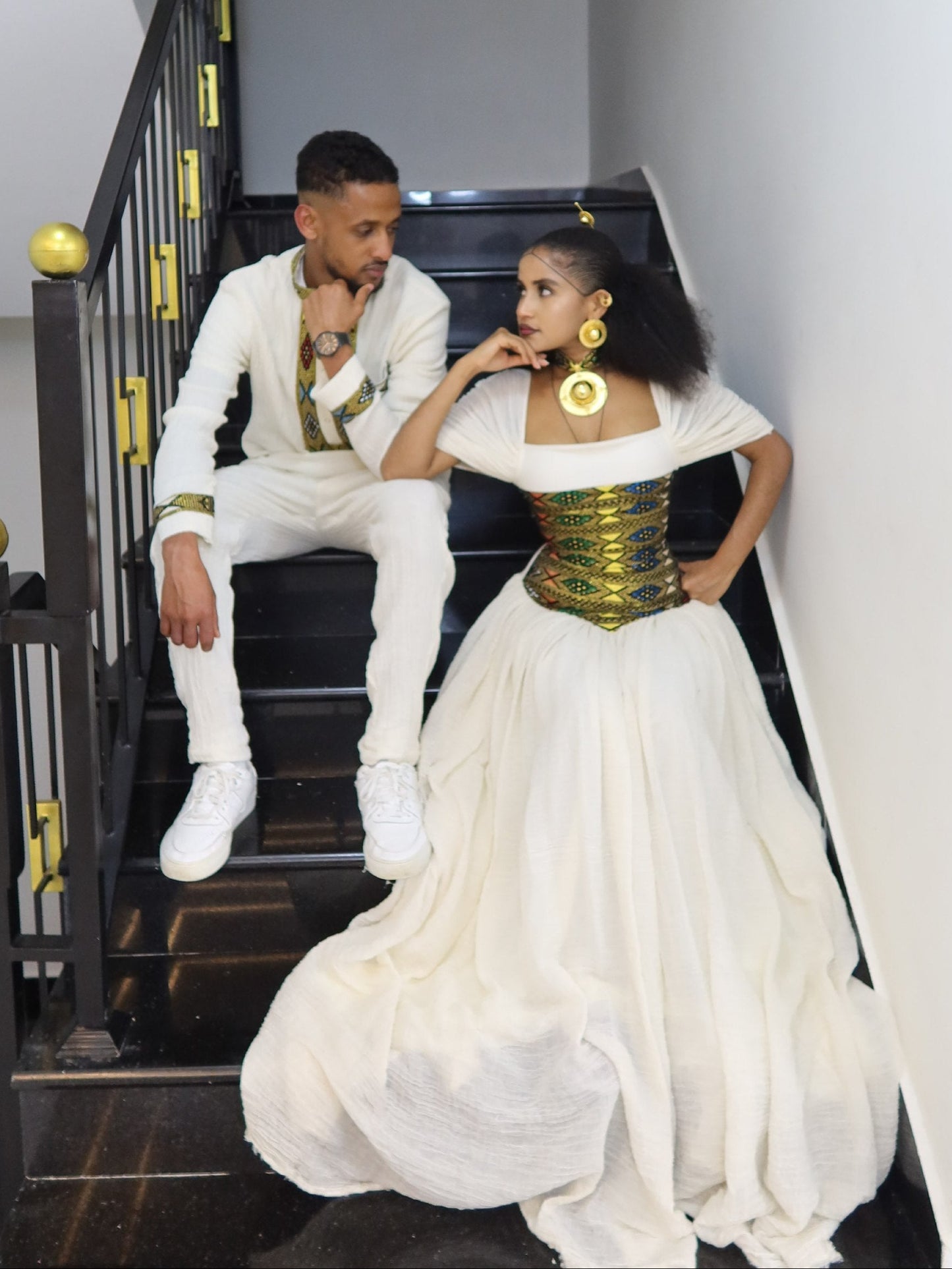 Golden Yellow Corset Habesha Couples Attire Matching Ethiopian Wedding Sets