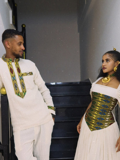 Golden Yellow Corset Habesha Couples Attire Matching Ethiopian Clothing Set For Festive 1121