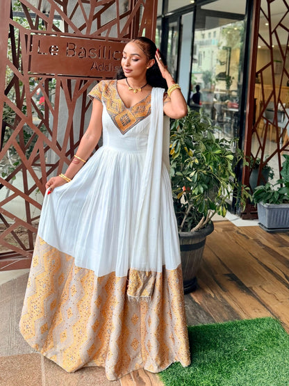 Golden Amber Geometric Yoke V-Neck Eritrean dress Short Sleeve Gown