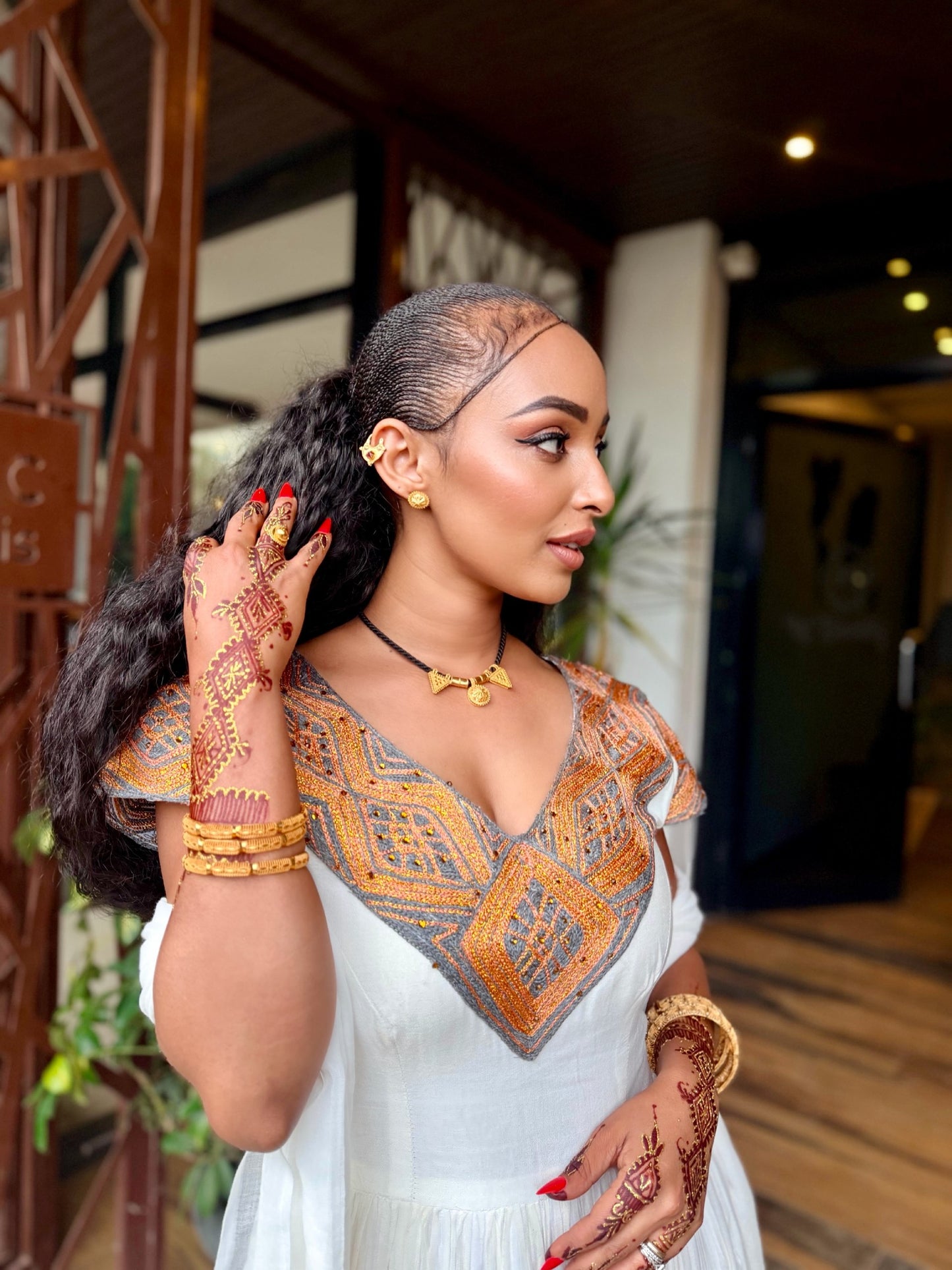 Golden Amber Mosaic Habesha kemis Online Pure Habesha Cloth Short Sleeve Ethiopian Dress 1122