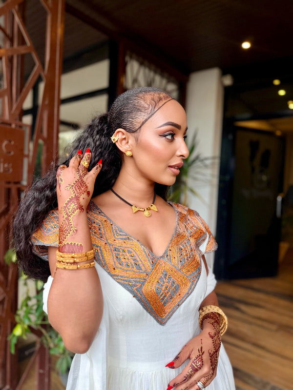 Golden Amber Mosaic Habesha kemis Online Pure Habesha Cloth Short Sleeve Ethiopian Dress 1122