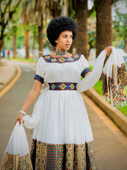 Regal Ethiopian Dress Ensemble Vibrant Geometric Weaving Habesha Kemis and Timeless Cultural Elegance 1124