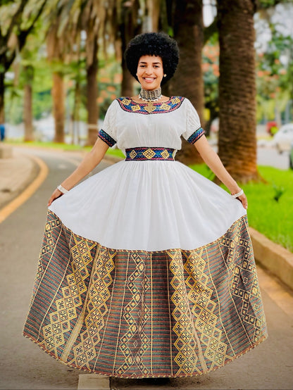 Regal Ethiopian Habesha Ensemble with Vibrant Geometric Woven Details