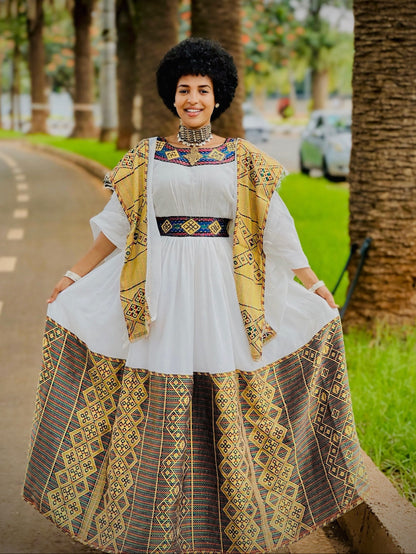 Regal Ethiopian Dress Ensemble Vibrant Geometric Weaving Habesha Kemis and Timeless Cultural Elegance 1124