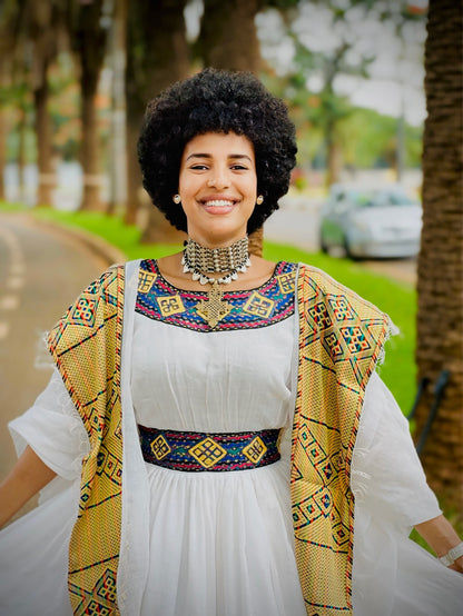 Regal Ethiopian Dress Ensemble Vibrant Geometric Weaving Habesha Kemis and Timeless Cultural Elegance 1124