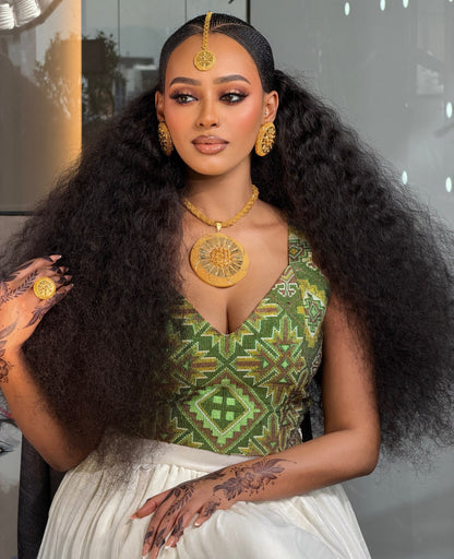 Emerald Green & Gold Mosaic Habesha Kemis Sleeveless Two-Piece Traditional Ethiopian dress Set 1126
