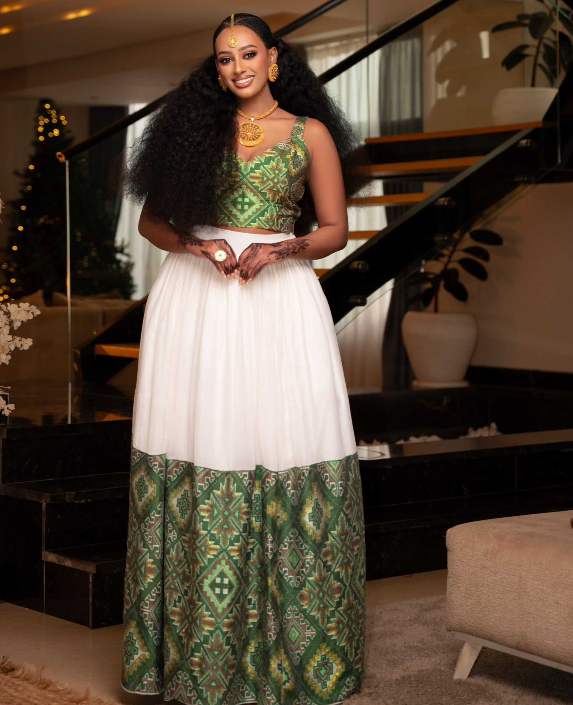 Emerald Green Mosaic habesha kemis online Modern ethiopian clothing