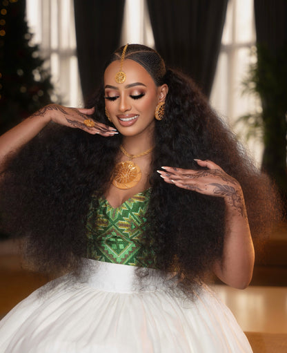 Emerald Green & Gold Mosaic Habesha Kemis Sleeveless Two-Piece Traditional Ethiopian dress Set 1126