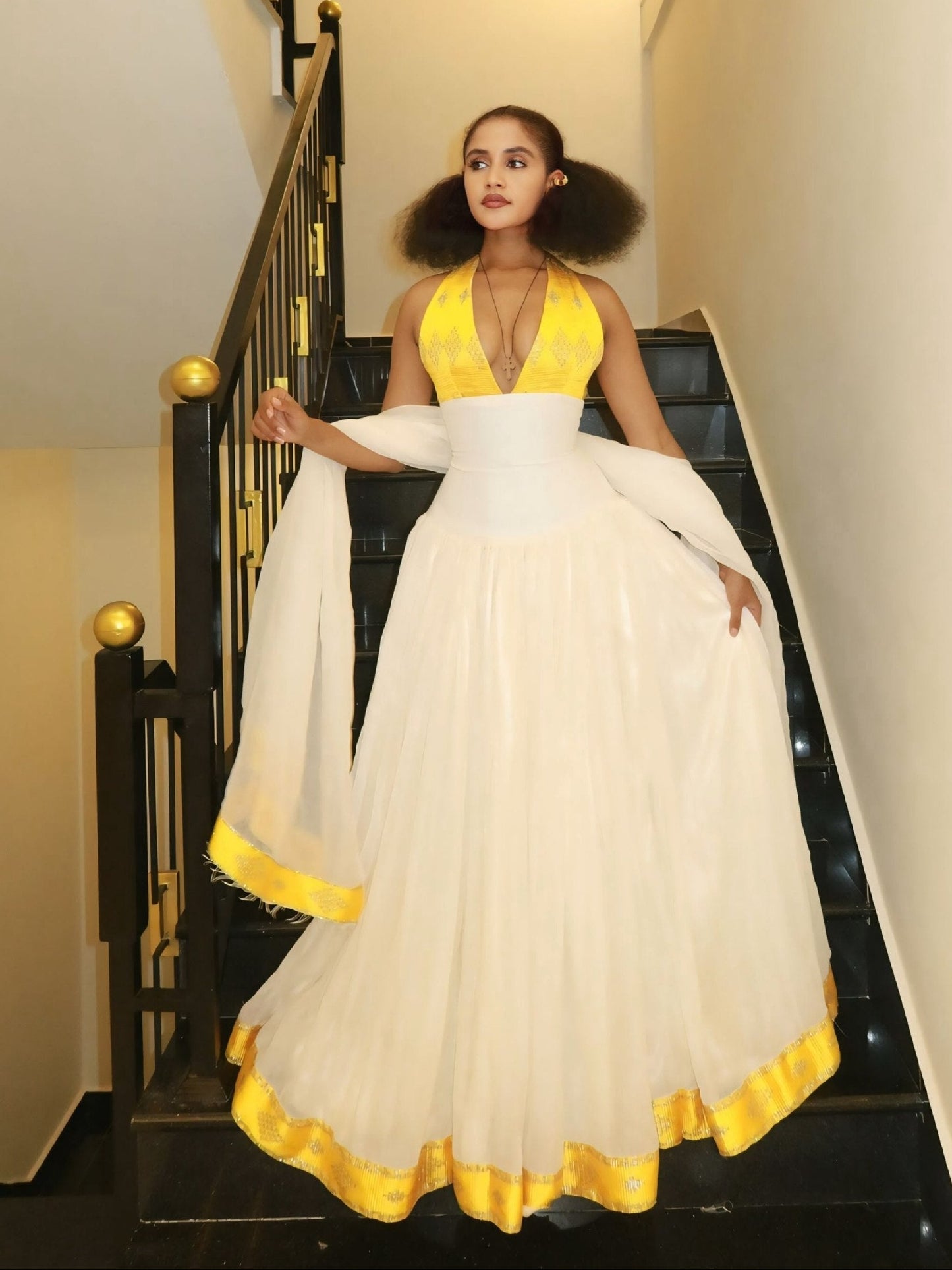 Radiant Canary Yellow Plunging Halter Eritrean dress Corset Gown