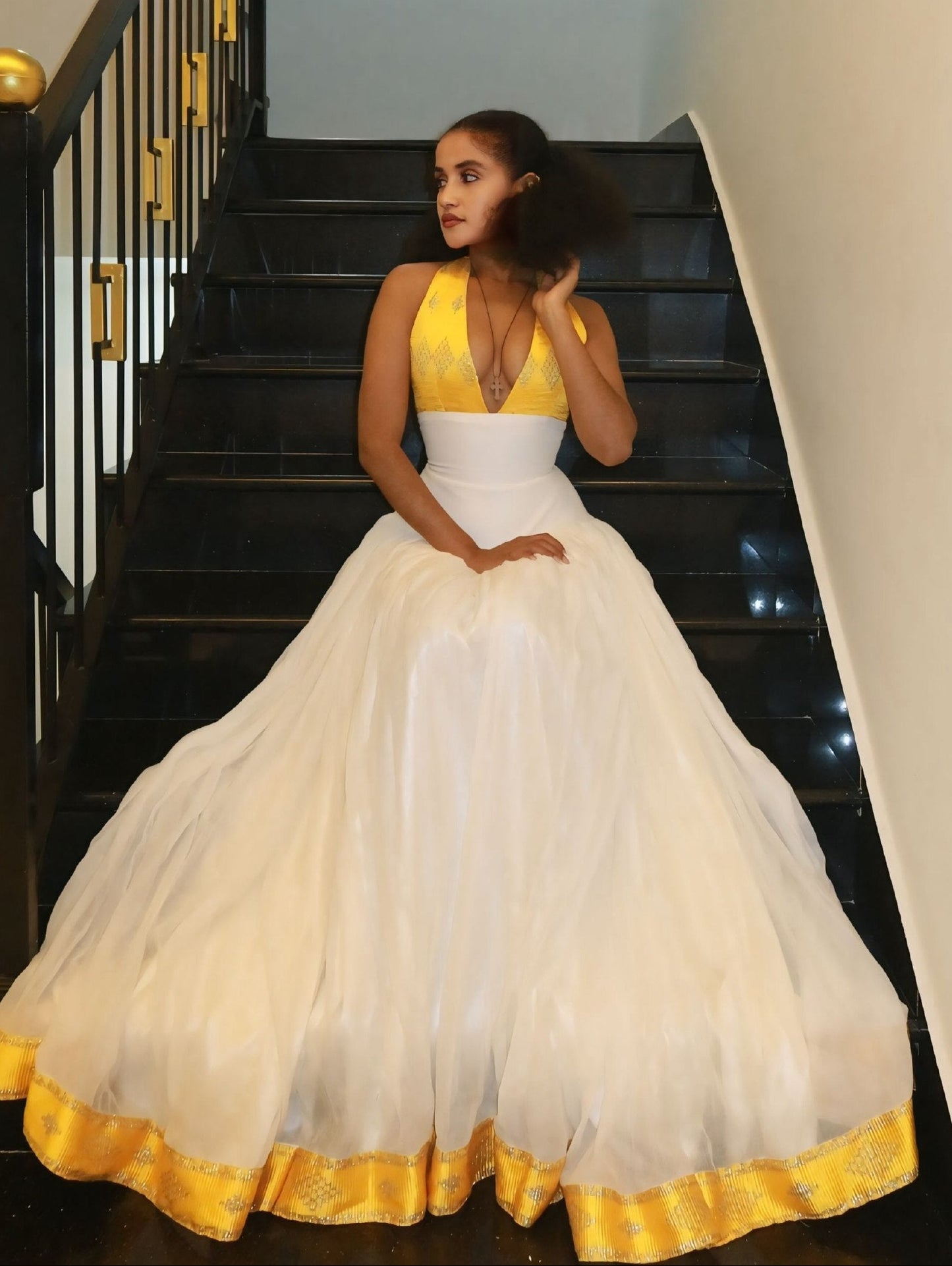 Bright Yellow Halter habesha kemis online Pure Habesha Dress Sleeveless Ethiopian Clothing 1127