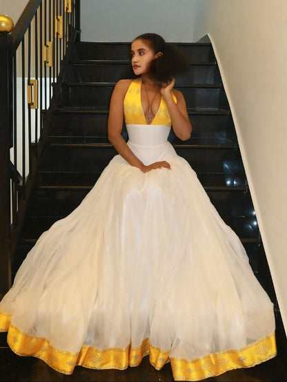 Bright Yellow Halter habesha kemis online Pure Habesha Dress Sleeveless Ethiopian Clothing 1127