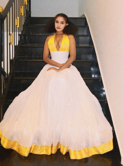 Bright Yellow Halter habesha kemis online Pure Habesha Dress Sleeveless Ethiopian Clothing 1127