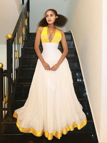 Bright Yellow Halter habesha kemis online Pure Habesha Dress Sleeveless Ethiopian Clothing 1127