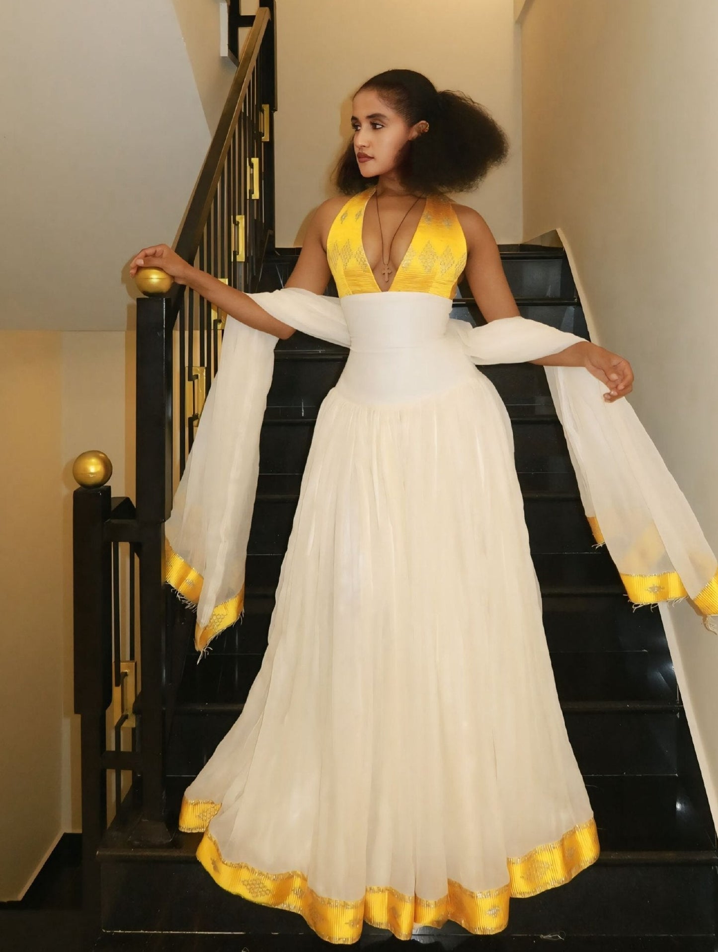 Bright Yellow Halter habesha kemis online Pure Habesha Dress Sleeveless Ethiopian Clothing 1127