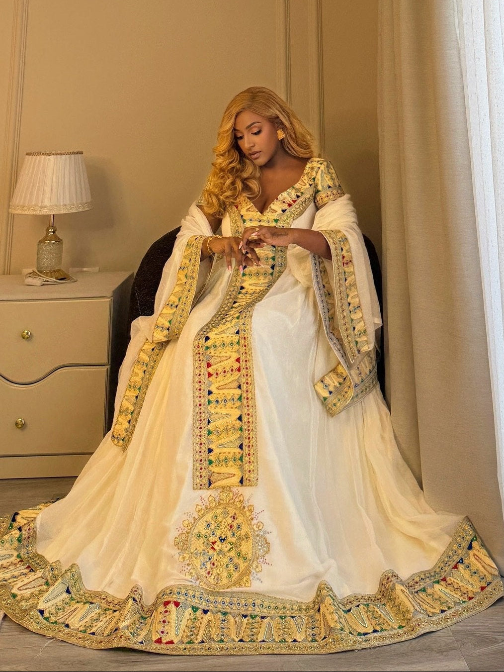 Golden Filigree & Multi-Color Geometric Ethiopian Dress V-Neck Habesha dress For Holidays 1128