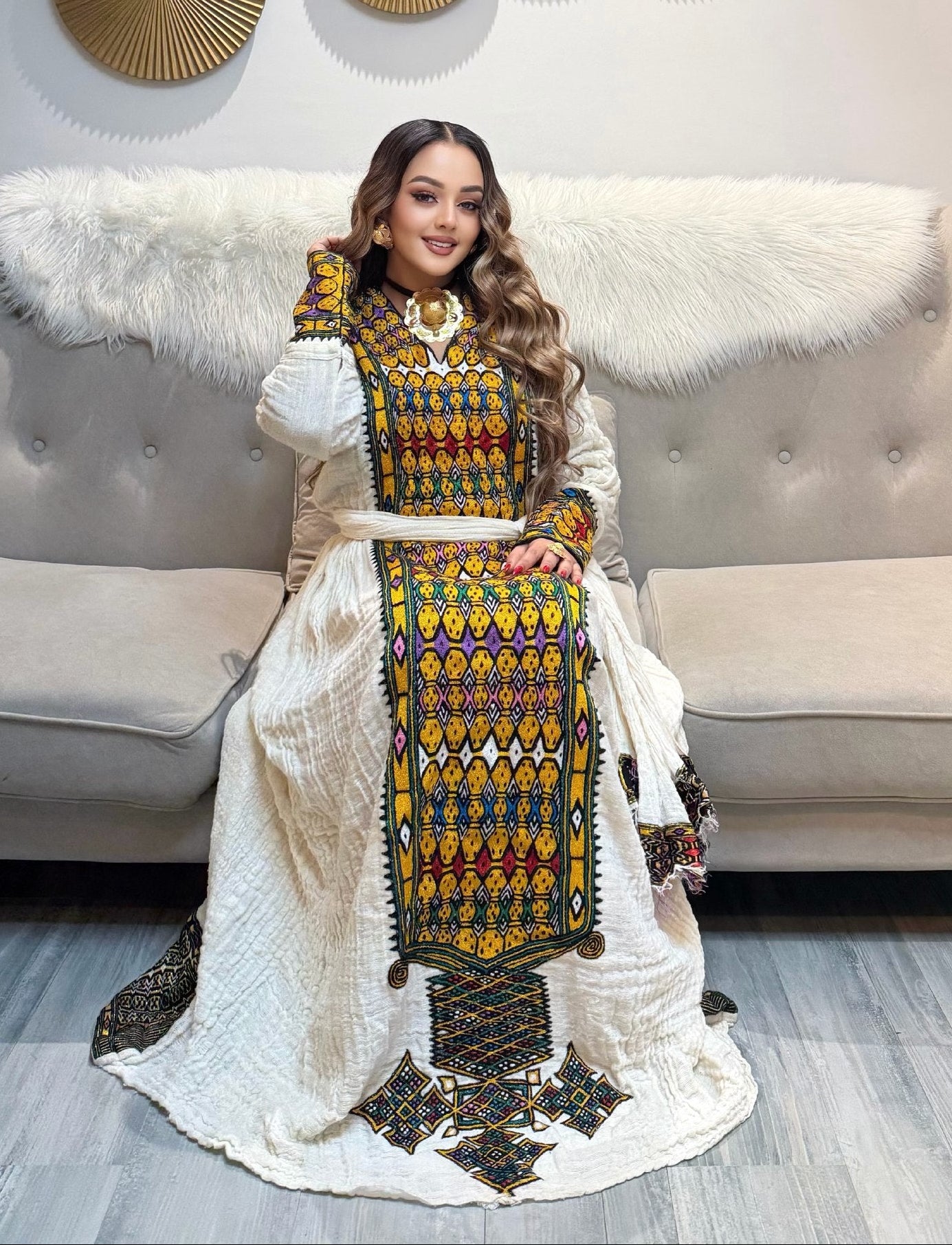 Mustard Yellow & Multi-Color Mosaic Habesha Dress V-Neck Ethiopian traditional dress Long Sleeve Habesha Kemis 1129