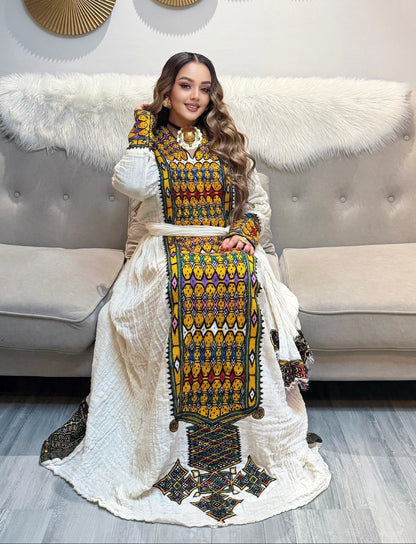 Mustard Yellow & Multi-Color Mosaic Habesha Dress V-Neck Ethiopian traditional dress Long Sleeve Habesha Kemis 1129