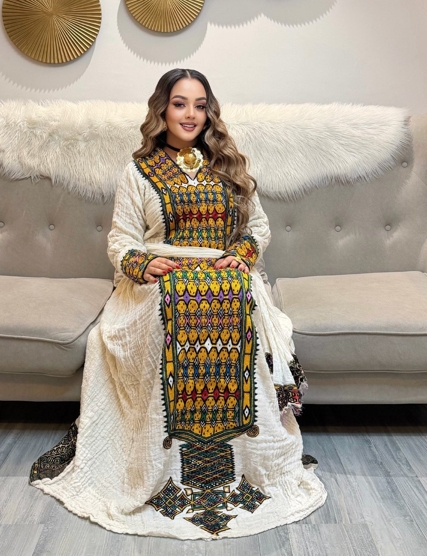 Golden Mustard Mosaic habesha kemis online Handwoven ethiopian clothing