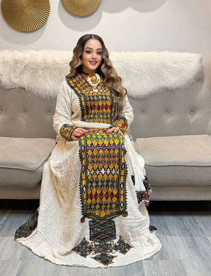 Golden Mustard Mosaic habesha kemis online Handwoven ethiopian clothing