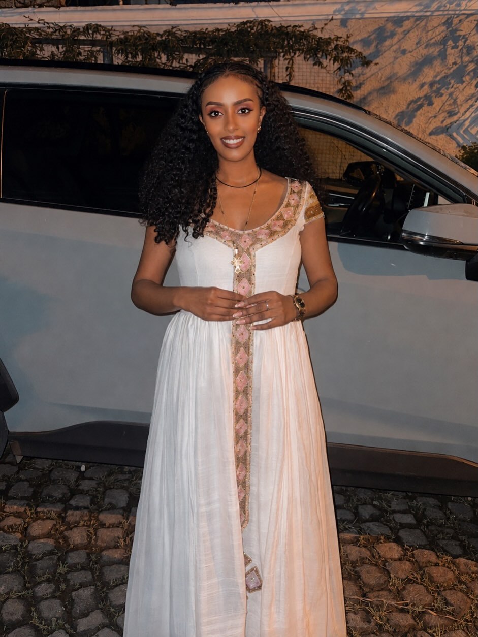 Blush Pink & Rose Gold Diamond Lattice Eritrean dress Short Sleeve Habesha Kemis Timeless Ethiopian Dress 1131