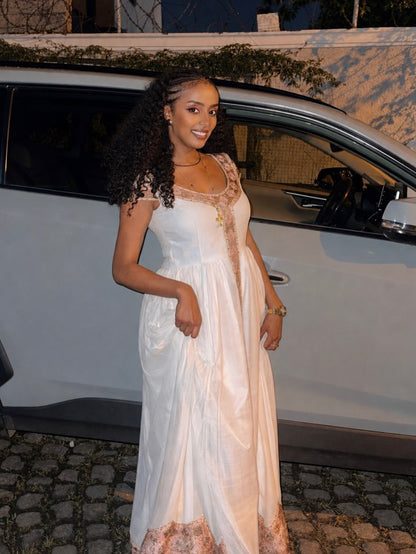 Blush Pink & Rose Gold Diamond Lattice Eritrean dress Short Sleeve Habesha Kemis Timeless Ethiopian Dress 1131