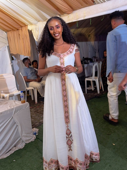 Blush Pink & Rose Gold Diamond Lattice Eritrean dress Short Sleeve Habesha Kemis Timeless Ethiopian Dress 1131