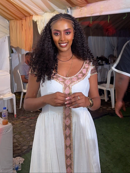 Blush Pink & Rose Gold Diamond Lattice Eritrean dress Short Sleeve Habesha Kemis Timeless Ethiopian Dress 1131