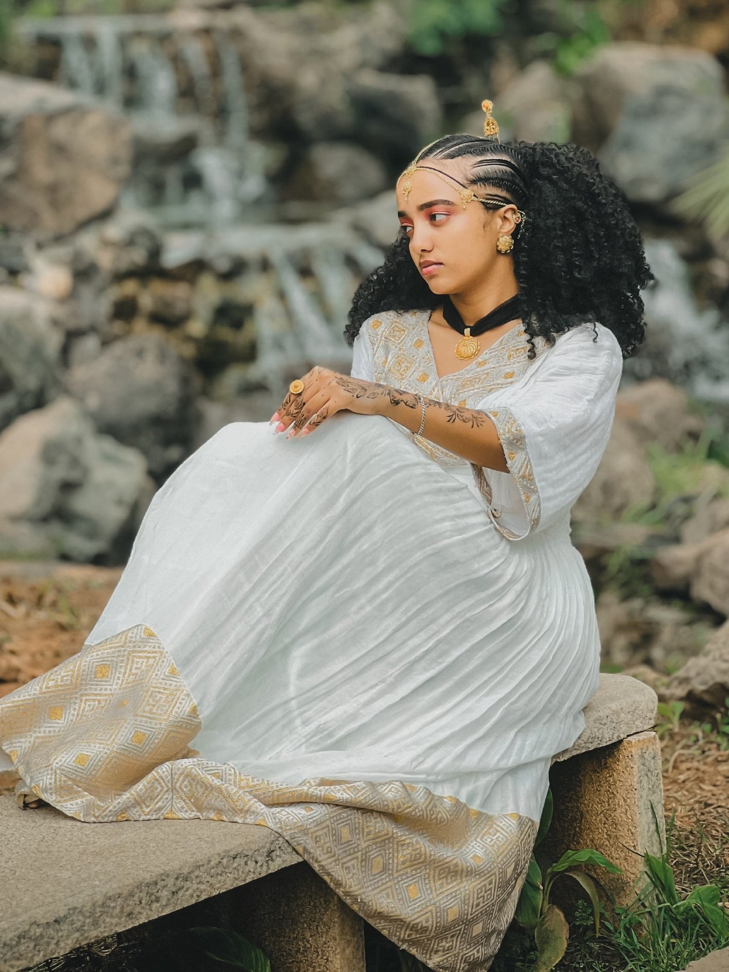 Soft Gold Filigree Ethiopian Clothing V-Neck Habesha traditional dress Three-Quarter Sleeve Habesha Kemis 1132