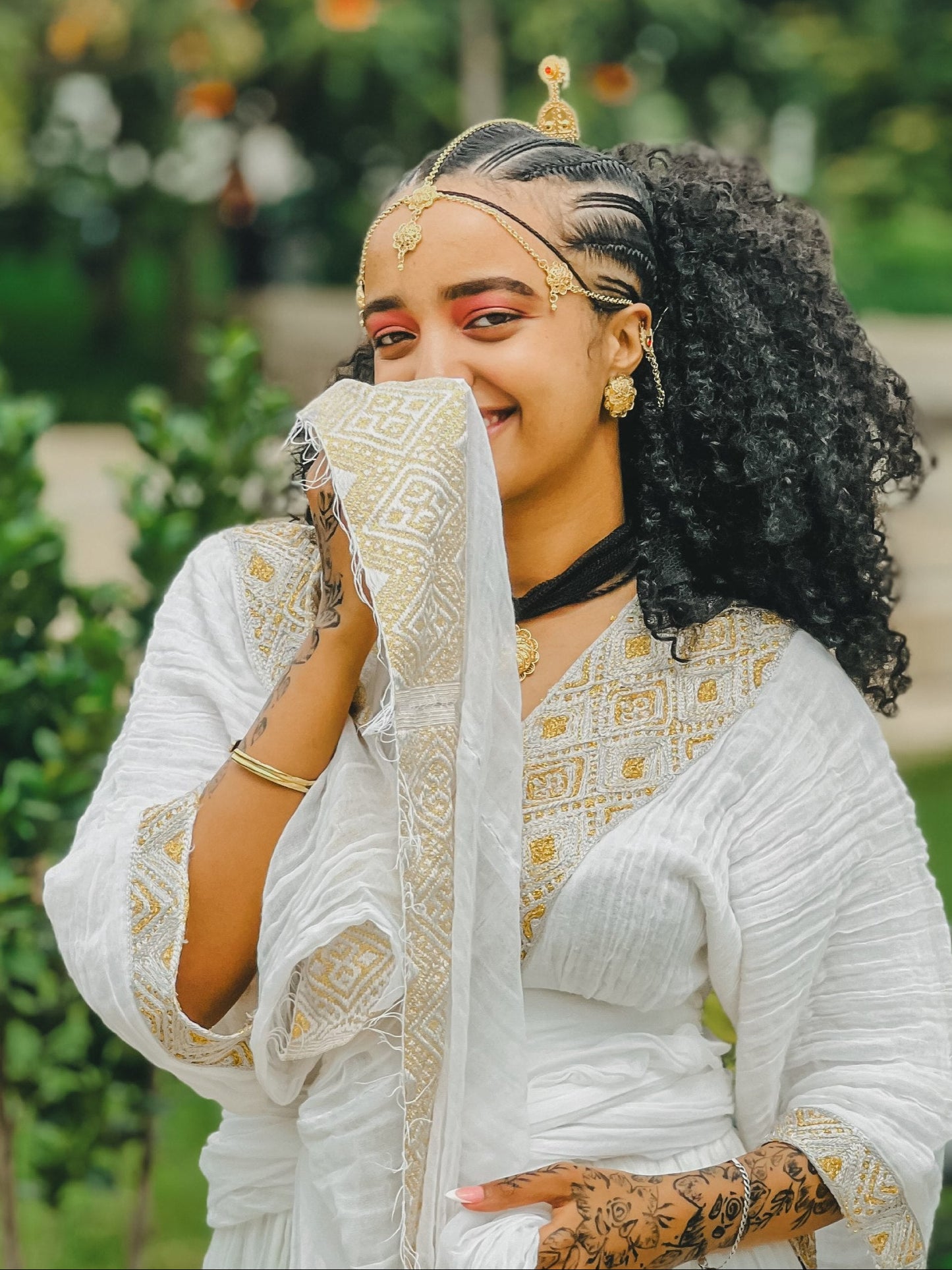 Soft Gold Filigree Ethiopian Clothing V-Neck Habesha traditional dress Three-Quarter Sleeve Habesha Kemis 1132