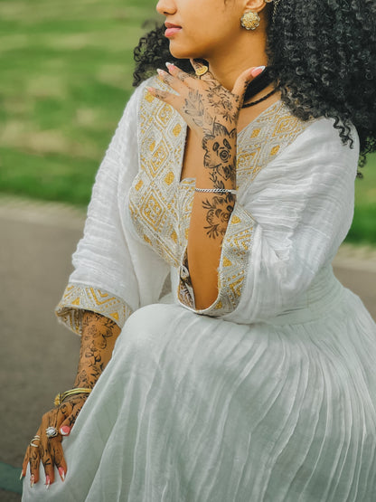 Soft Gold Filigree Ethiopian Clothing V-Neck Habesha traditional dress Three-Quarter Sleeve Habesha Kemis 1132