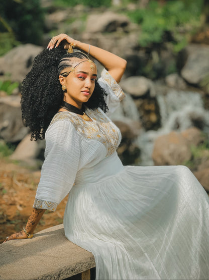 Soft Gold Filigree Ethiopian Clothing V-Neck Habesha traditional dress Three-Quarter Sleeve Habesha Kemis 1132