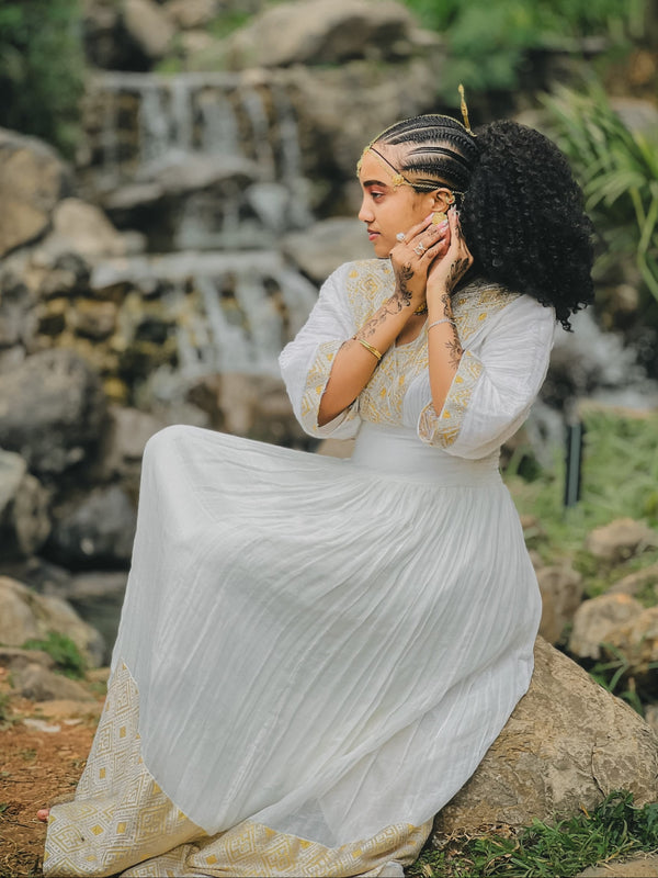 Soft Gold Filigree Ethiopian Clothing V-Neck Habesha traditional dress Three-Quarter Sleeve Habesha Kemis 1132