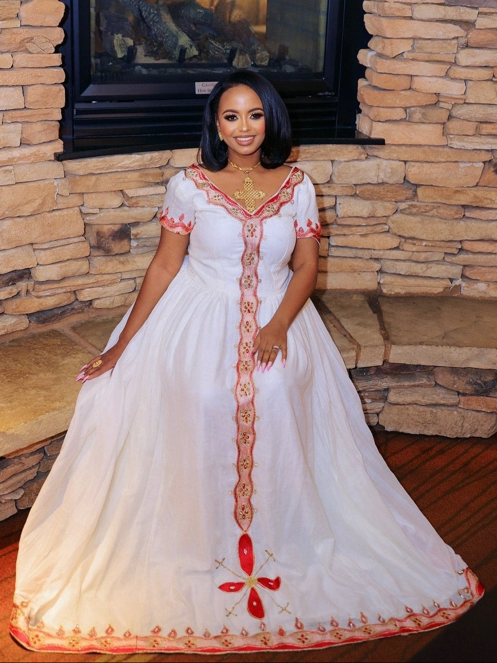 Coral Red Lattice Habesha kemis Handloomed Habesha Dress Style Charming Ethiopian Clothing 1133