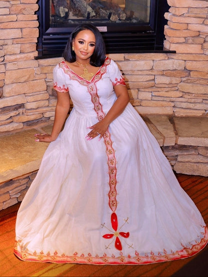 Coral Red Lattice Habesha kemis Handloomed Habesha Dress Style Charming Ethiopian Clothing 1133