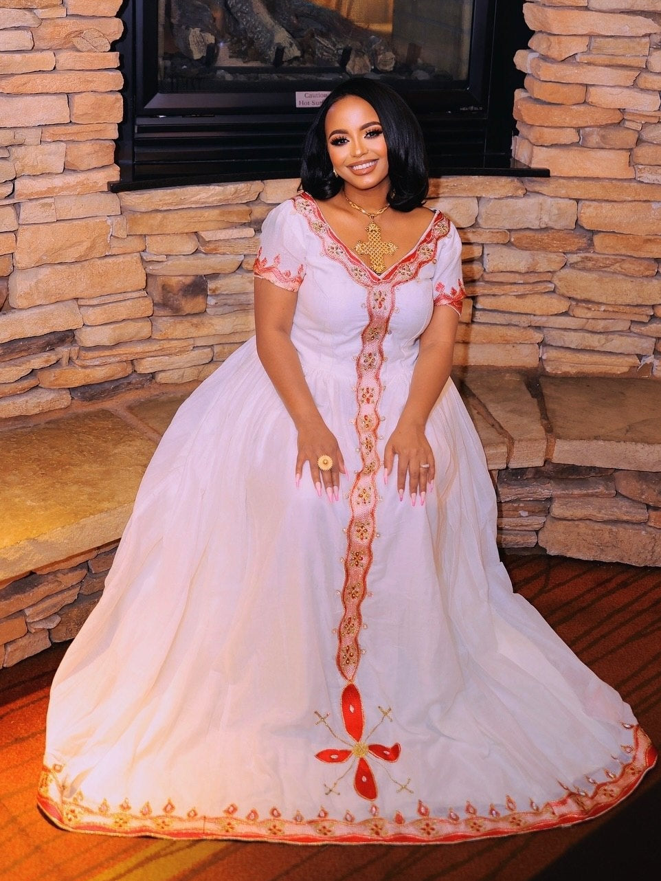 Coral Red Lattice Habesha kemis Handloomed Habesha Dress Style Charming Ethiopian Clothing 1133