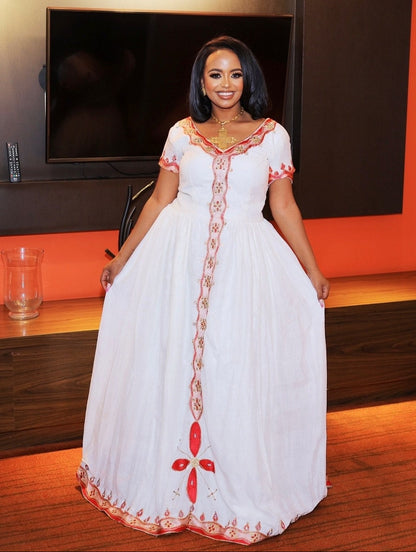 Coral Red Lattice Habesha kemis Handloomed Habesha Dress Style Charming Ethiopian Clothing 1133