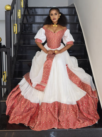 Royal Crimson Red & Gold Geometric Corset Habesha Kemis Off-Shoulder Eritrean dress For Festive 1134