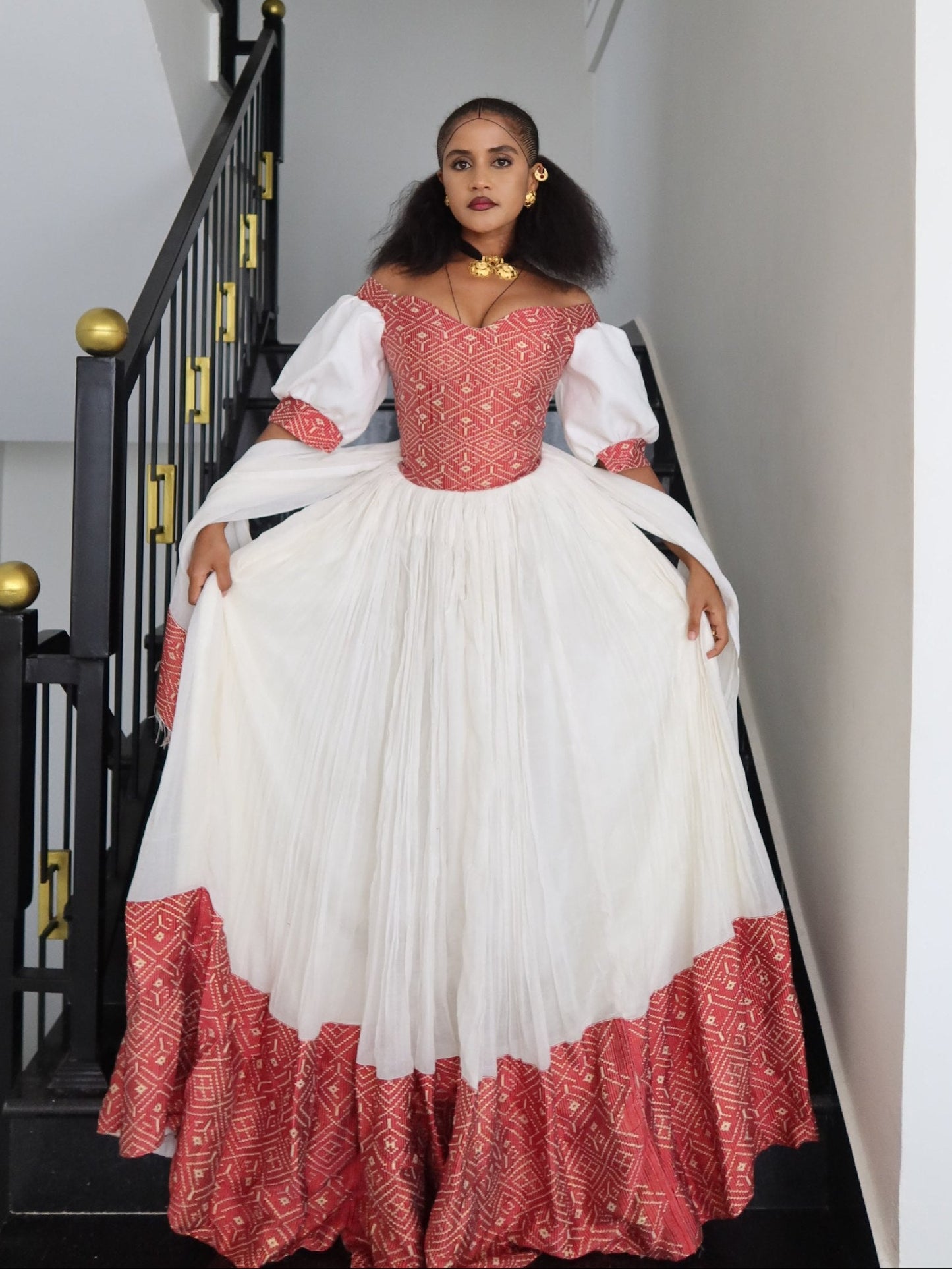  Red & Gold Geometric Corset Bustier Off-Shoulder Eritrean dress 