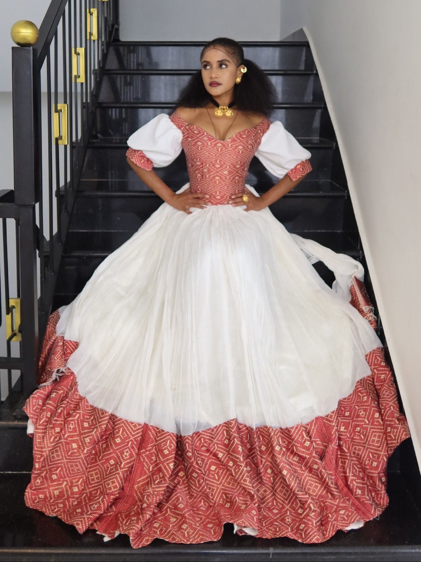 Royal Crimson Red & Gold Geometric Corset Habesha Kemis Off-Shoulder Eritrean dress For Festive 1134