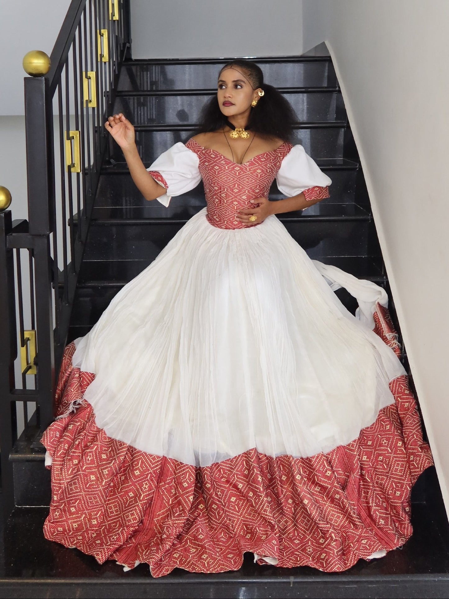 Royal Crimson Red & Gold Geometric Corset Habesha Kemis Off-Shoulder Eritrean dress For Festive 1134