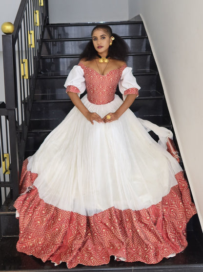 Royal Crimson Red & Gold Geometric Corset Habesha Kemis Off-Shoulder Eritrean dress For Festive 1134