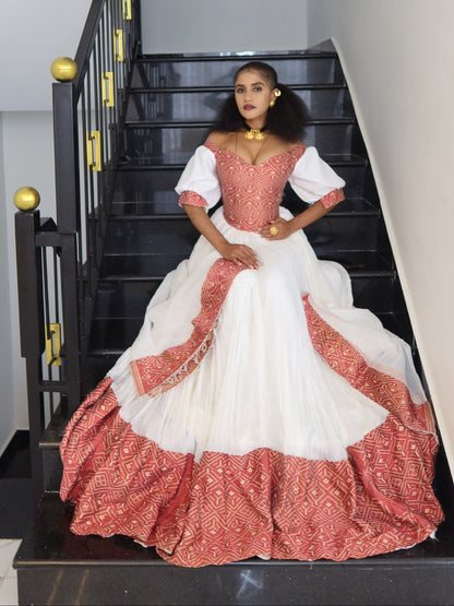 Royal Crimson Red & Gold Geometric Corset Habesha Kemis Off-Shoulder Eritrean dress For Festive 1134