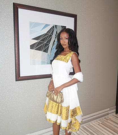 Metallic Gold Brocade Habesha Kemis Square-Neck Ethiopian Clothing With Sleeveless 1135