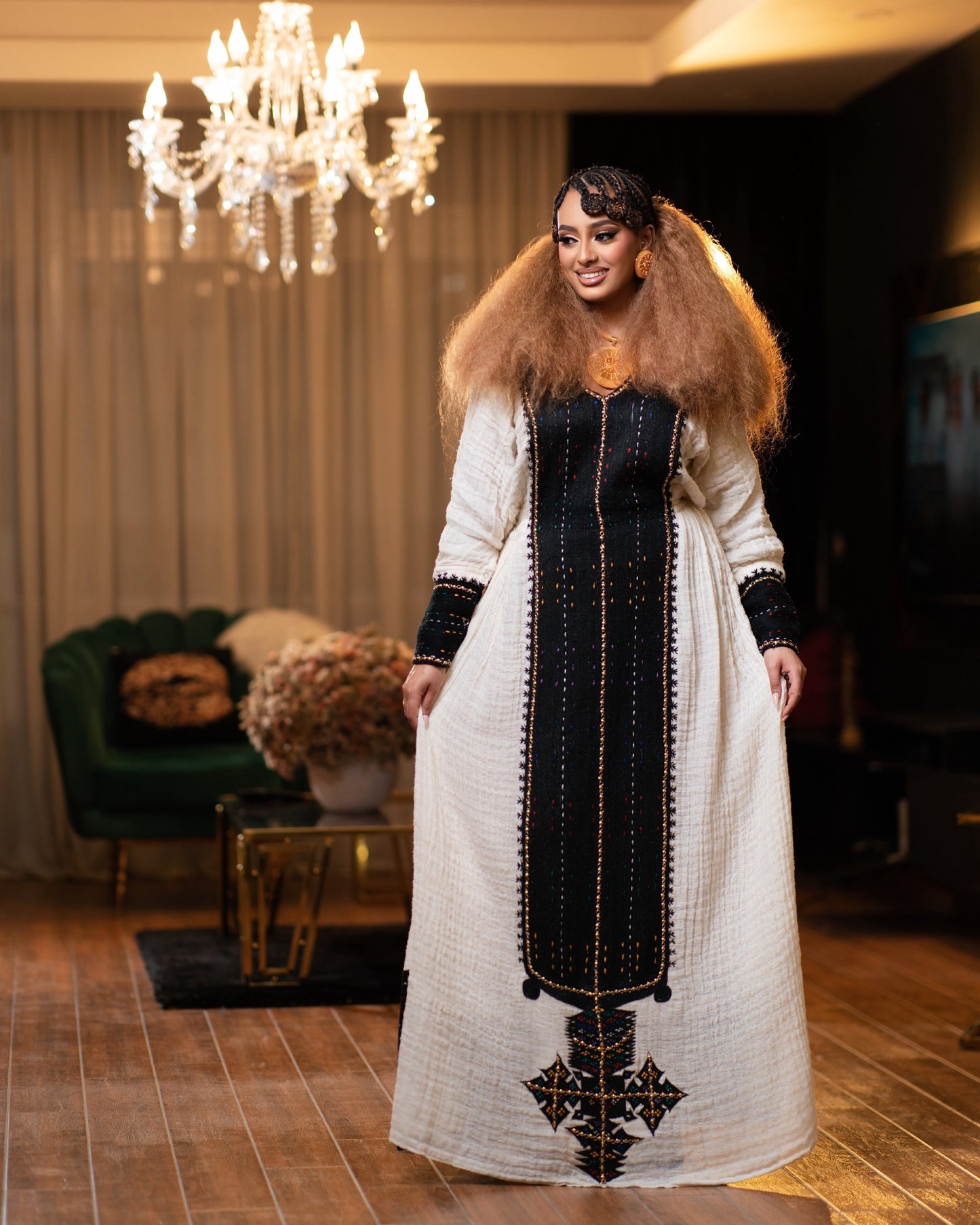 Midnight Black & Gold Stitch Central Tilf Panel Eritrean dress Long Sleeve Gown