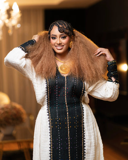 Midnight Black Panel Habesha kemis online Handcrafted Ethiopian Clothing Timeless Tirtir Habesha Dress 1136