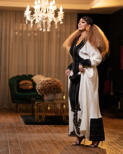 Midnight Black Panel Habesha kemis online Handcrafted Ethiopian Clothing Timeless Tirtir Habesha Dress 1136